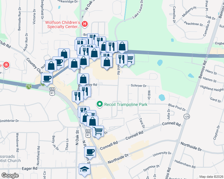 map of restaurants, bars, coffee shops, grocery stores, and more near 480 Murray Road in Valdosta
