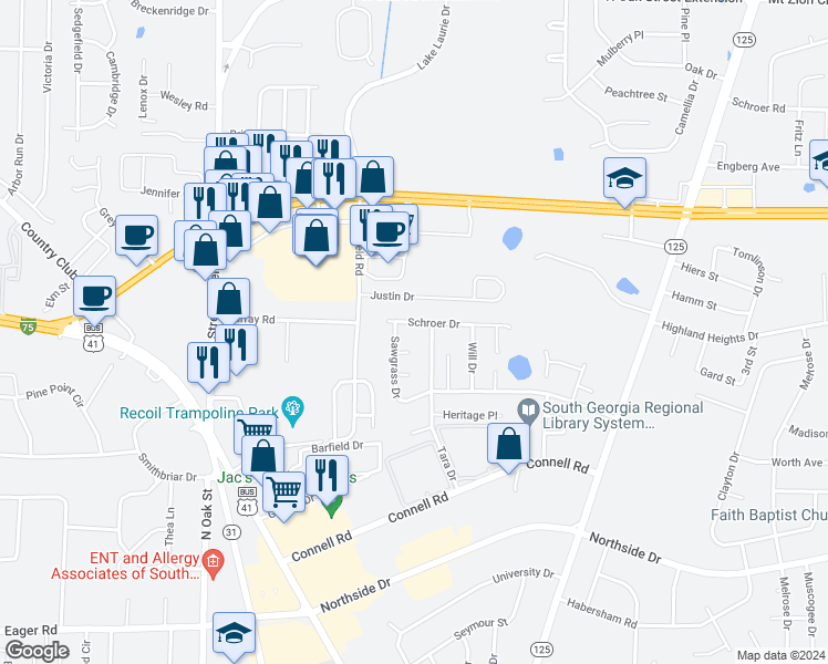 map of restaurants, bars, coffee shops, grocery stores, and more near 3058 Schroer Drive in Valdosta
