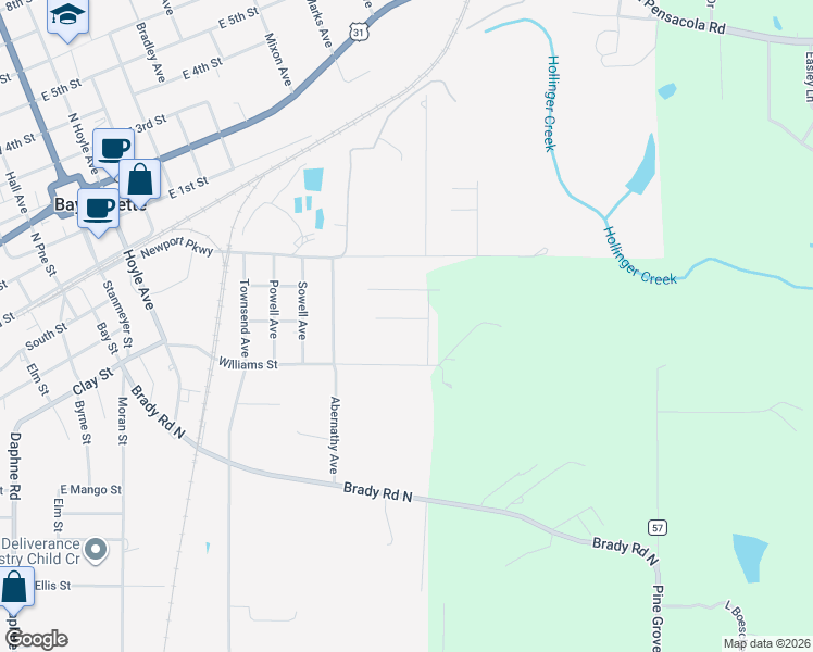 map of restaurants, bars, coffee shops, grocery stores, and more near 212 Cobb Court in Bay Minette