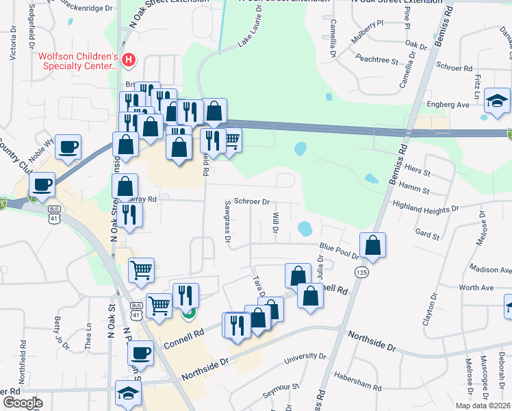 map of restaurants, bars, coffee shops, grocery stores, and more near 3044 Schroer Drive in Valdosta