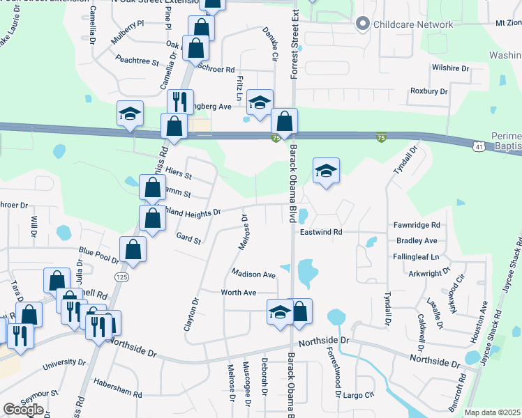 map of restaurants, bars, coffee shops, grocery stores, and more near 3004 Ginny Drive in Valdosta