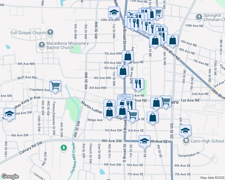 map of restaurants, bars, coffee shops, grocery stores, and more near 101 3rd Avenue Northwest in Cairo