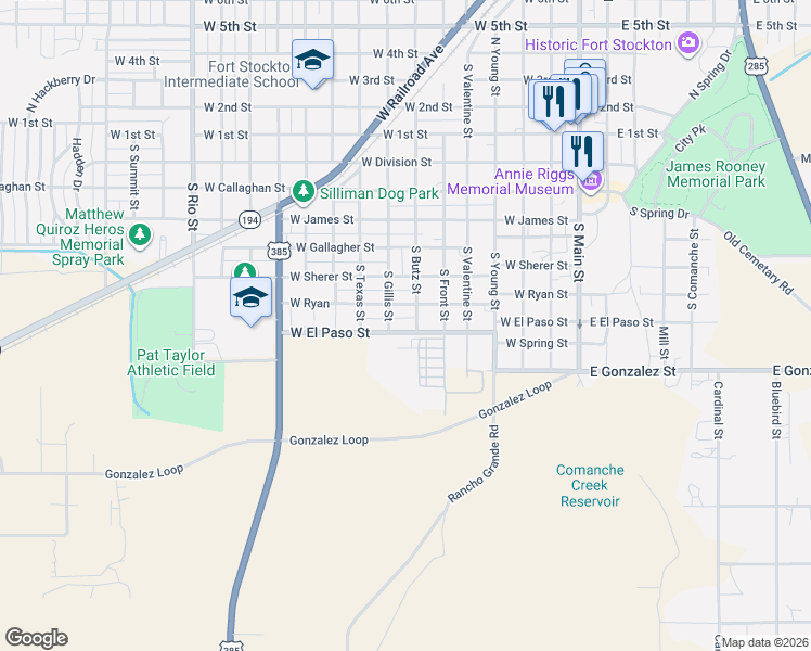 map of restaurants, bars, coffee shops, grocery stores, and more near 701-799 South Gillis Street in Fort Stockton