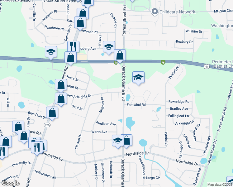 map of restaurants, bars, coffee shops, grocery stores, and more near 3100 Vanelle Drive in Valdosta