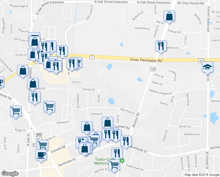 map of restaurants, bars, coffee shops, grocery stores, and more near 3001 Schroer Drive in Valdosta