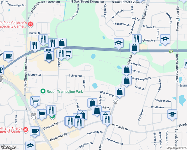 map of restaurants, bars, coffee shops, grocery stores, and more near 3001 Schroer Drive in Valdosta