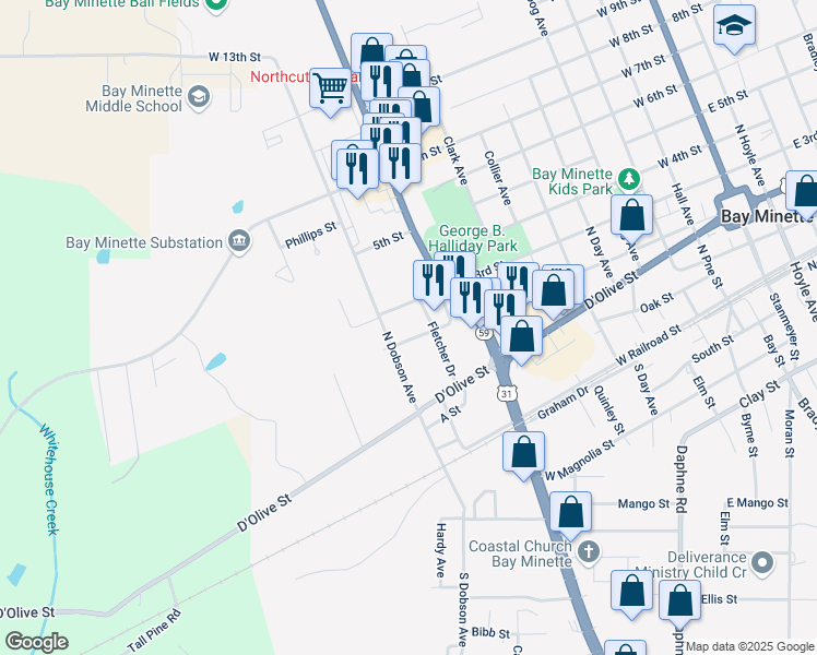 map of restaurants, bars, coffee shops, grocery stores, and more near 200 North Dobson Avenue in Bay Minette