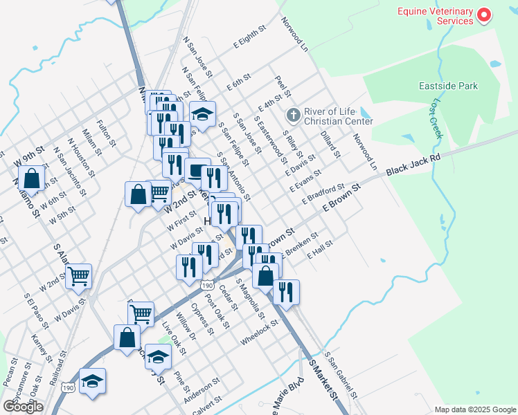 map of restaurants, bars, coffee shops, grocery stores, and more near 201 East Evans Street in Hearne