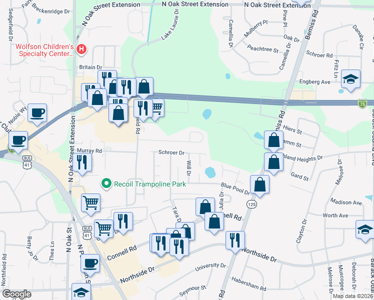 map of restaurants, bars, coffee shops, grocery stores, and more near 3022 Schroer Drive in Valdosta