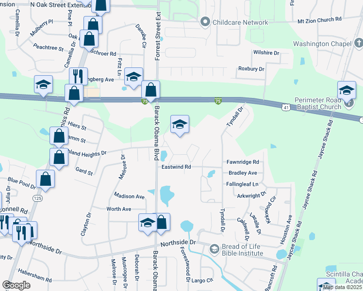 map of restaurants, bars, coffee shops, grocery stores, and more near South Forrest Street in Valdosta