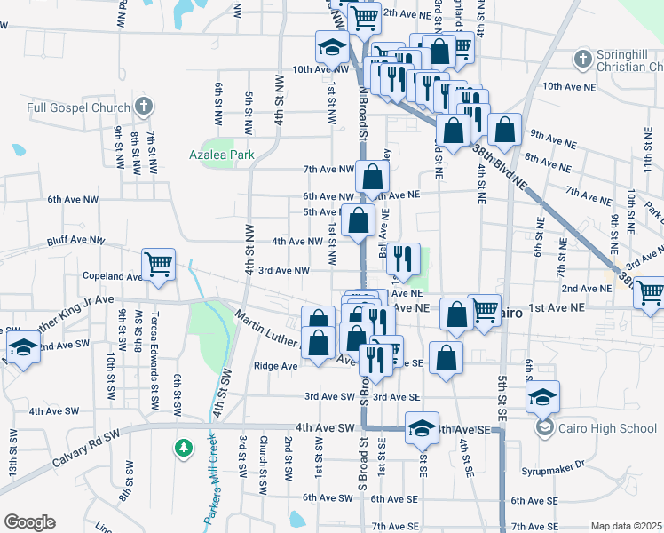 map of restaurants, bars, coffee shops, grocery stores, and more near 101 3rd Avenue Northwest in Cairo