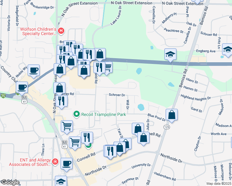 map of restaurants, bars, coffee shops, grocery stores, and more near 3051 Schroer Drive in Valdosta