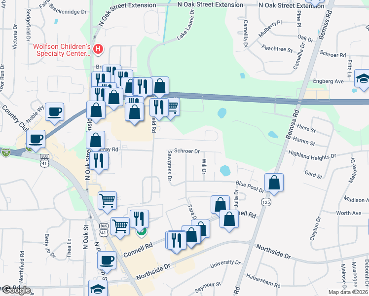 map of restaurants, bars, coffee shops, grocery stores, and more near 3044 Schroer Drive in Valdosta