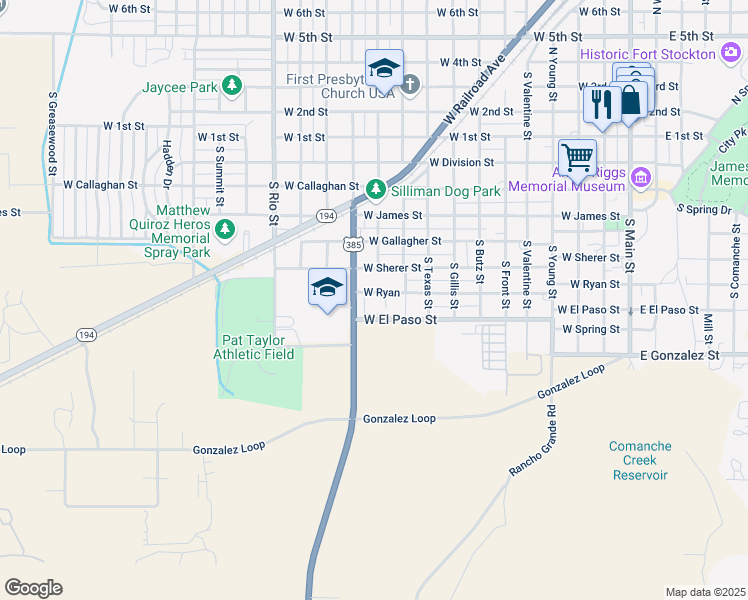 map of restaurants, bars, coffee shops, grocery stores, and more near 1113 West Ryan Street in Fort Stockton