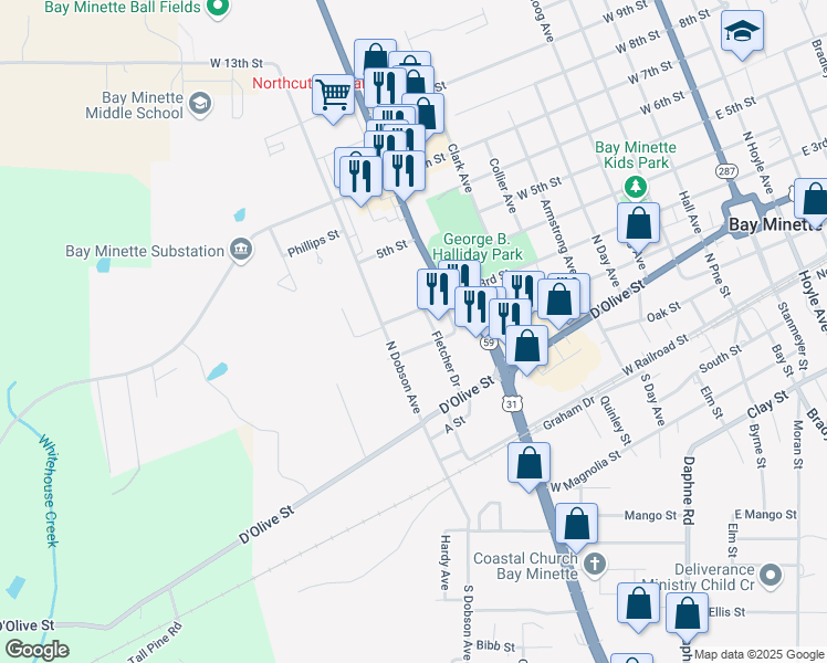 map of restaurants, bars, coffee shops, grocery stores, and more near 200 North Dobson Avenue in Bay Minette