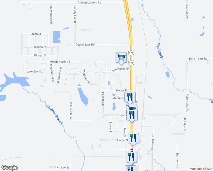 map of restaurants, bars, coffee shops, grocery stores, and more near 355 Hooks Road in DeRidder