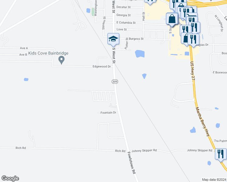 map of restaurants, bars, coffee shops, grocery stores, and more near 2206 Fowlstown Road in Bainbridge