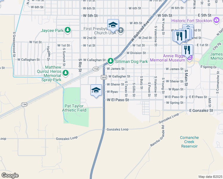 map of restaurants, bars, coffee shops, grocery stores, and more near 1001-1097 West Sherer Street in Fort Stockton