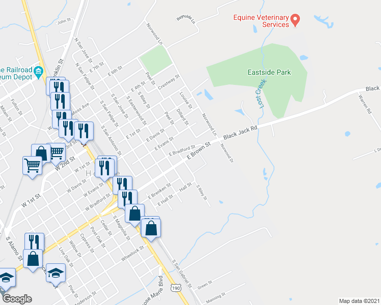 map of restaurants, bars, coffee shops, grocery stores, and more near 805 East Brown Street in Hearne