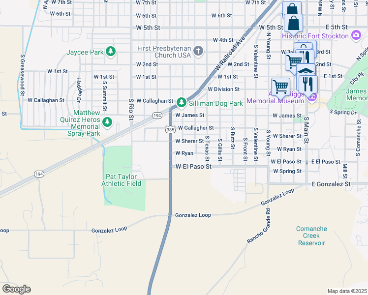 map of restaurants, bars, coffee shops, grocery stores, and more near 1001-1097 West Sherer Street in Fort Stockton