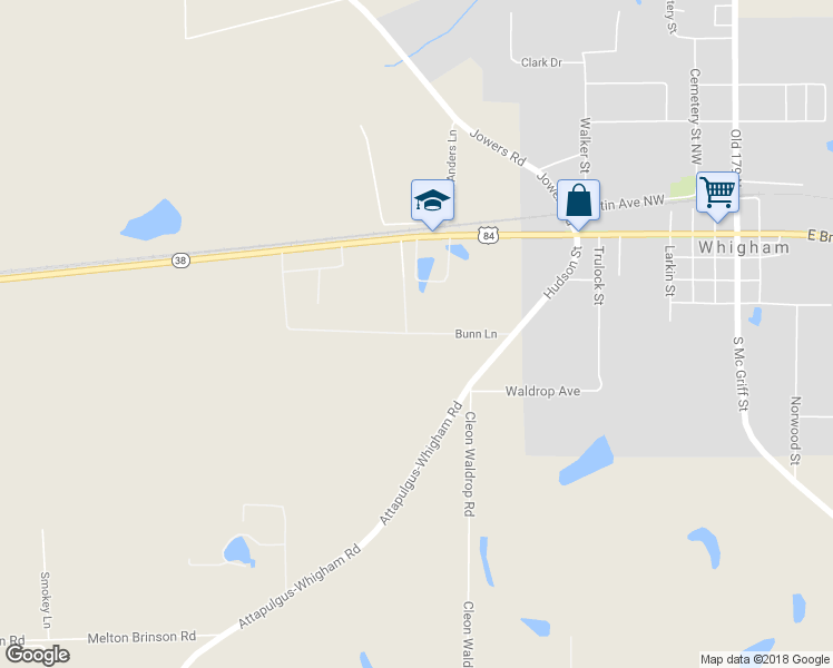 map of restaurants, bars, coffee shops, grocery stores, and more near 210 Bunn Lane in Whigham