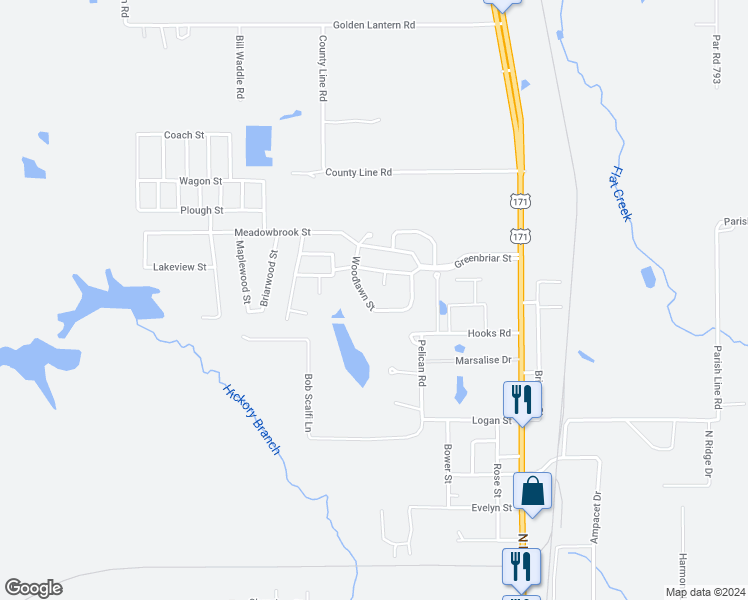 map of restaurants, bars, coffee shops, grocery stores, and more near 1832 Woodlawn Street in DeRidder
