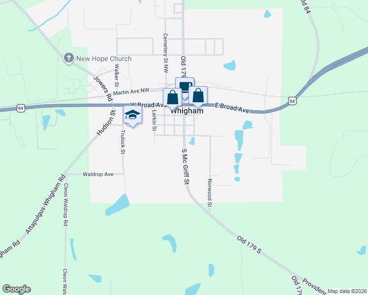 map of restaurants, bars, coffee shops, grocery stores, and more near State Bicycle Route 10 in Whigham