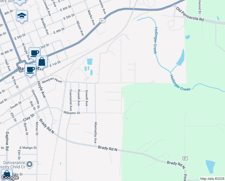 map of restaurants, bars, coffee shops, grocery stores, and more near 309 Kennesaw Avenue in Bay Minette