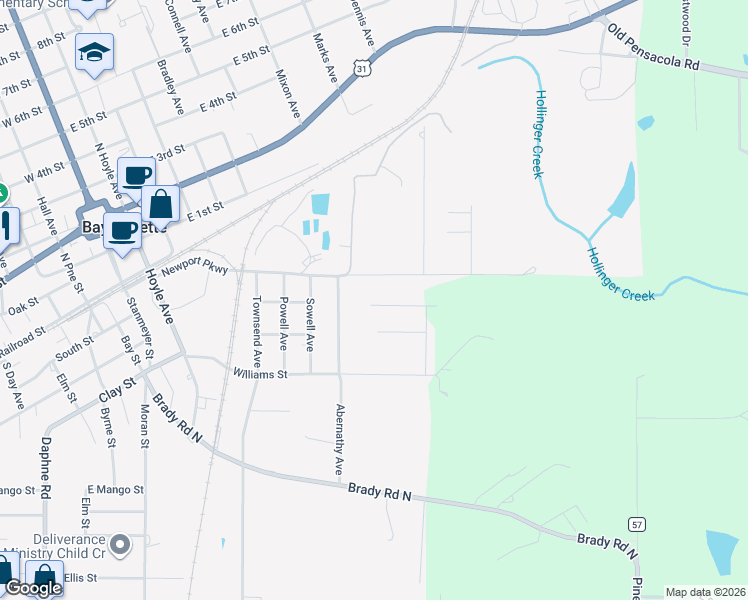 map of restaurants, bars, coffee shops, grocery stores, and more near 309 Kennesaw Avenue in Bay Minette
