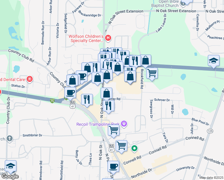 map of restaurants, bars, coffee shops, grocery stores, and more near 3131 North Oak Street Extension in Valdosta