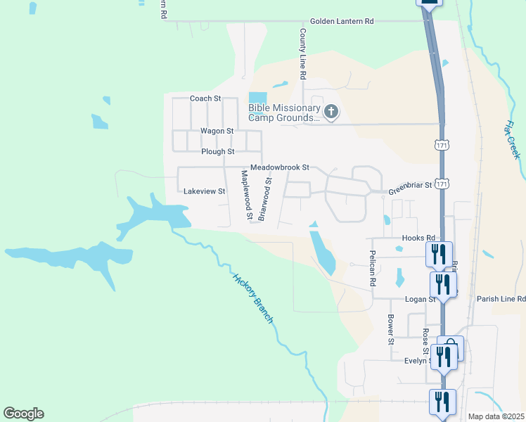 map of restaurants, bars, coffee shops, grocery stores, and more near 1708 Briarwood Street in DeRidder
