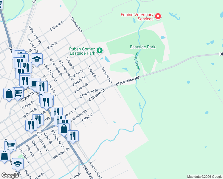map of restaurants, bars, coffee shops, grocery stores, and more near 805 East Brown Street in Hearne
