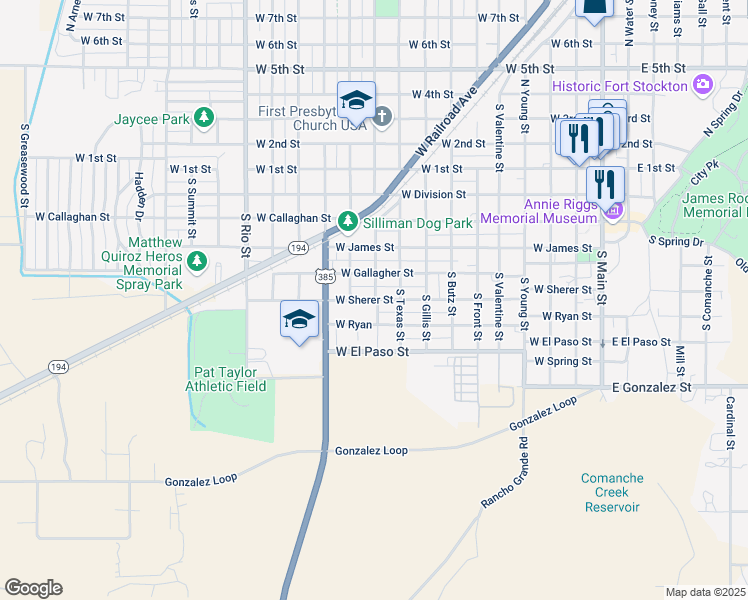 map of restaurants, bars, coffee shops, grocery stores, and more near 1001 West Sherer Street in Fort Stockton