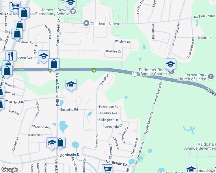 map of restaurants, bars, coffee shops, grocery stores, and more near 3202 Perimeter Circle in Valdosta