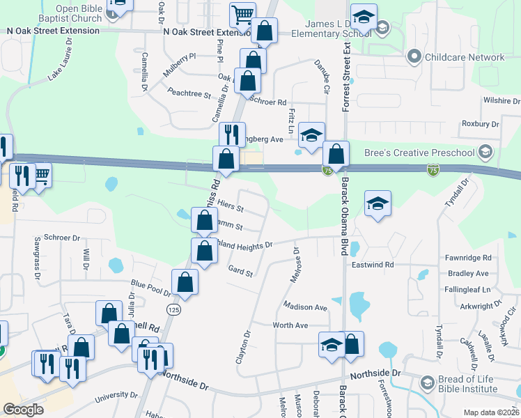 map of restaurants, bars, coffee shops, grocery stores, and more near 116 Hiers Street in Valdosta