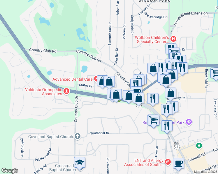 map of restaurants, bars, coffee shops, grocery stores, and more near 3530 Club Villas Drive in Valdosta