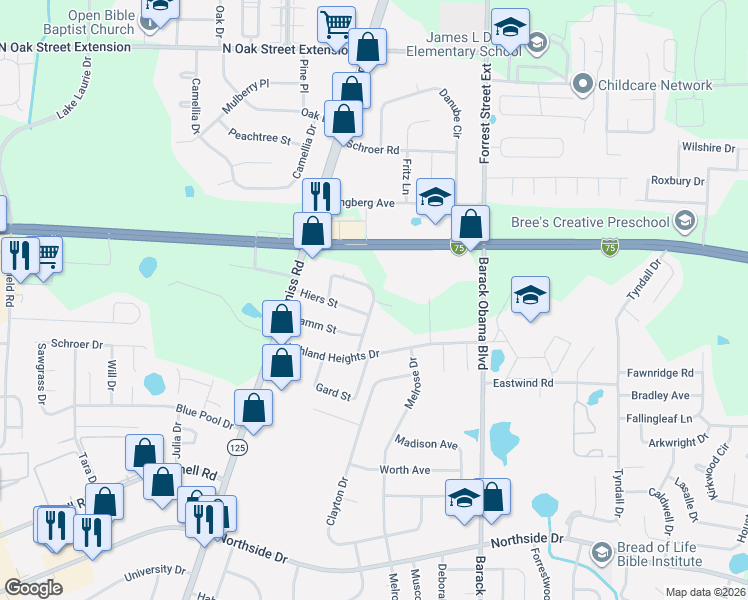 map of restaurants, bars, coffee shops, grocery stores, and more near 116 Hiers Street in Valdosta