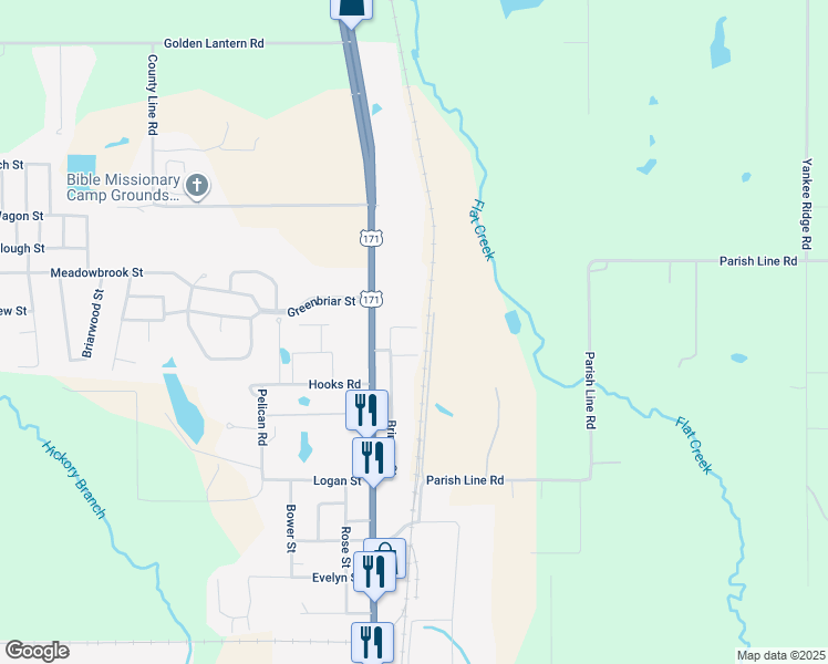 map of restaurants, bars, coffee shops, grocery stores, and more near 1850 Brinson Street in DeRidder