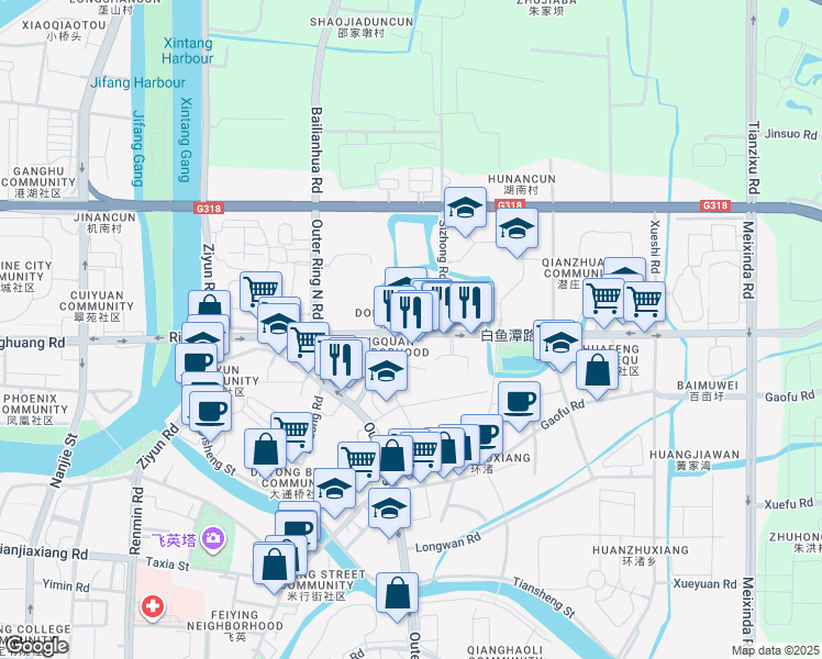map of restaurants, bars, coffee shops, grocery stores, and more near 221 Bai Yu Tan Lu in Hu Zhou Shi