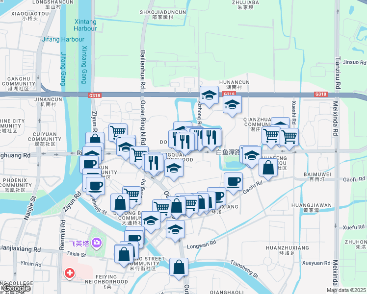 map of restaurants, bars, coffee shops, grocery stores, and more near 221 Bai Yu Tan Lu in Hu Zhou Shi