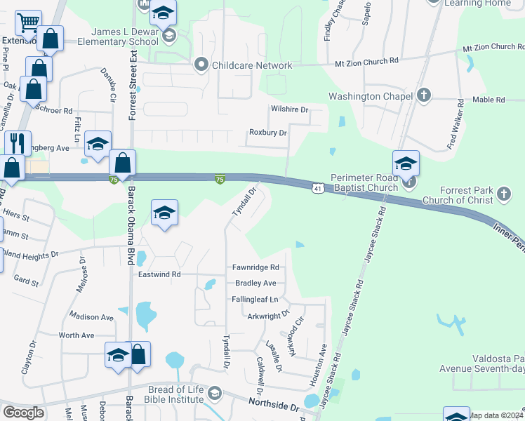 map of restaurants, bars, coffee shops, grocery stores, and more near 3209 Perimeter Circle in Valdosta