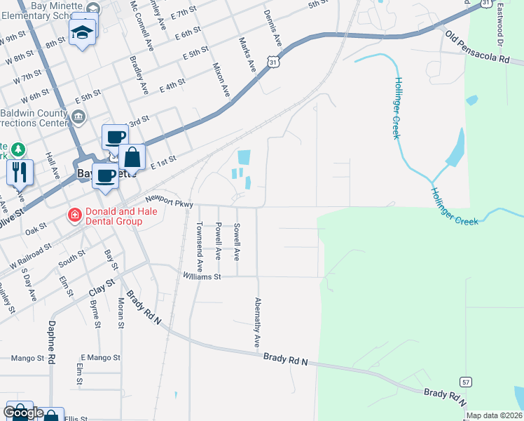 map of restaurants, bars, coffee shops, grocery stores, and more near 101 Abernathy Avenue in Bay Minette