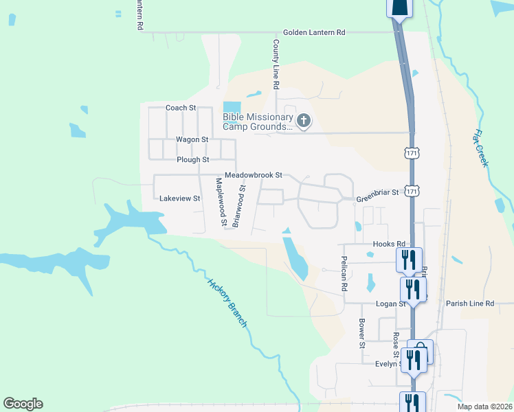 map of restaurants, bars, coffee shops, grocery stores, and more near 1712 Brookhaven Street in DeRidder