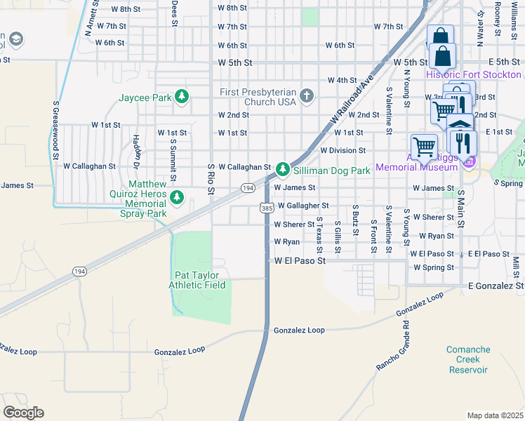 map of restaurants, bars, coffee shops, grocery stores, and more near 1200 West Gallagher Street in Fort Stockton