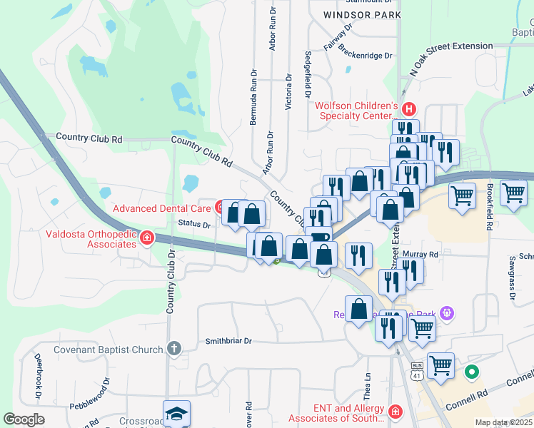 map of restaurants, bars, coffee shops, grocery stores, and more near 3530 Club Villas Drive in Valdosta