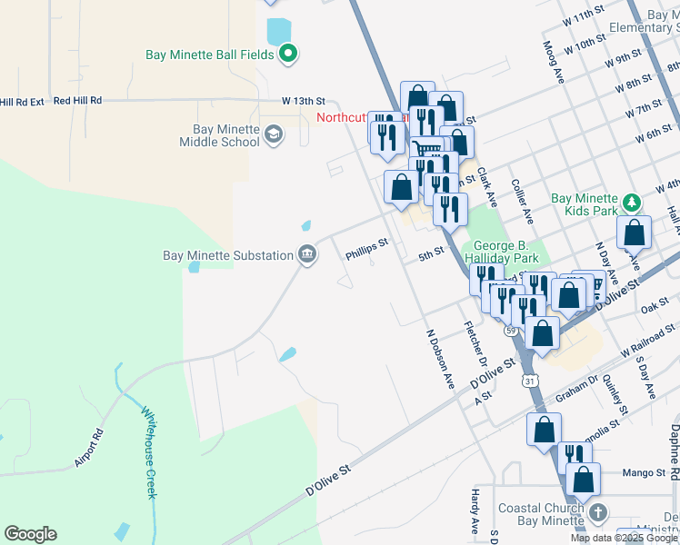 map of restaurants, bars, coffee shops, grocery stores, and more near 1200-1298 Phillips Street in Bay Minette