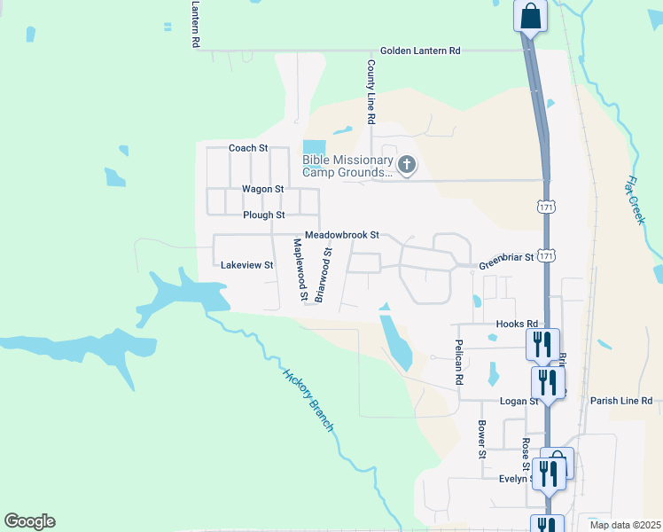 map of restaurants, bars, coffee shops, grocery stores, and more near 1810 Briarwood Street in DeRidder