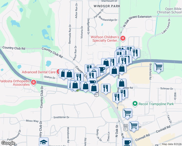 map of restaurants, bars, coffee shops, grocery stores, and more near 3257 Jordan Way in Valdosta