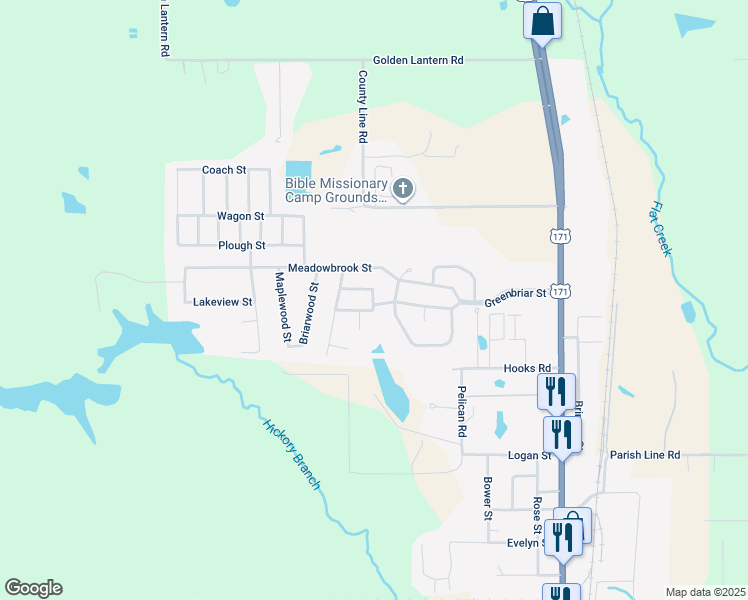 map of restaurants, bars, coffee shops, grocery stores, and more near 2018 Hickory Drive in DeRidder