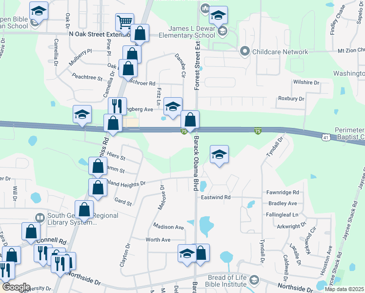 map of restaurants, bars, coffee shops, grocery stores, and more near 3390 North Forrest Street in Valdosta